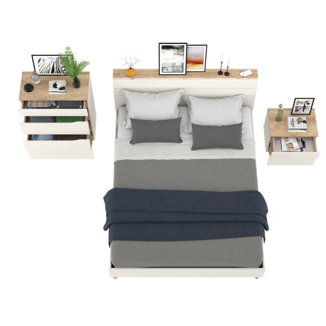 Муссон мебель для спальни: кровать 1600, основание, тумбочка и комод 4-ре ящика цвет белый/дуб эндгрейн элегантный Муссон мебель для спальни: кровать 1600, основание, тумбочка и комод 4-ре ящика цвет белый/дуб эндгрейн элегантный