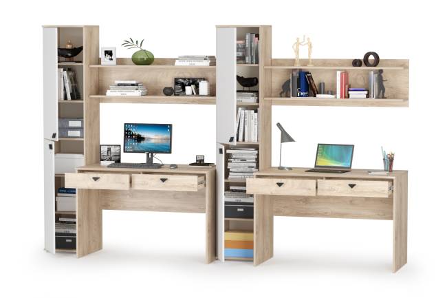 Два рабочих места Бостон с полками и пеналами цвет дуб эндгрейн элегантный/фасады МДФ милк рикамо софт Два рабочих места Бостон с полками и пеналами цвет дуб эндгрейн элегантный/фасады МДФ милк рикамо софт