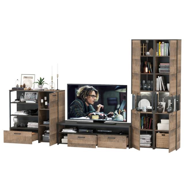 Стенка в гостиную лофт с подсветкой Трувор № 36 цвет дуб гранж песочный/интра Стенка в гостиную лофт с подсветкой Трувор № 36 цвет дуб гранж песочный/интра