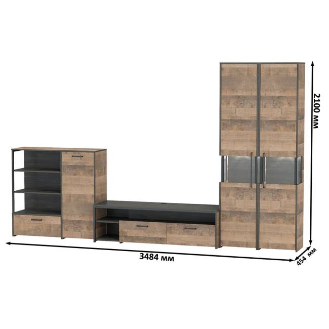 Стенка в гостиную лофт с подсветкой Трувор № 36 цвет дуб гранж песочный/интра Стенка в гостиную лофт с подсветкой Трувор № 36 цвет дуб гранж песочный/интра