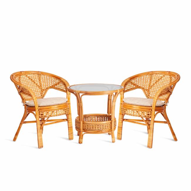 ТЕРРАСНЫЙ КОМПЛЕКТ "PELANGI" (стол со стеклом + 2 кресла) / с подушками / ротанг, кресло 65х65х77см, стол диаметр 64х61см, Honey (мед) Honey (мед) ротанг