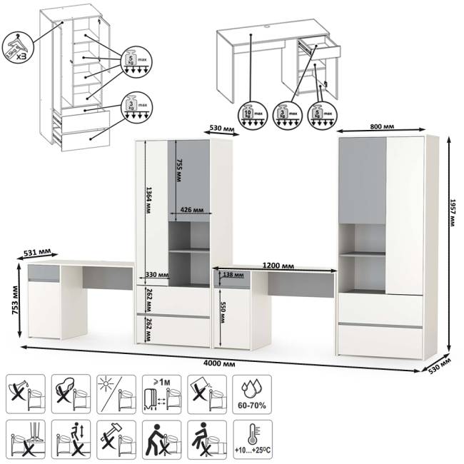 Для двоих детей молодёжная стенка Торонто цвет белый шагрень/стальной серый Для двоих детей молодёжная стенка Торонто цвет белый шагрень/стальной серый