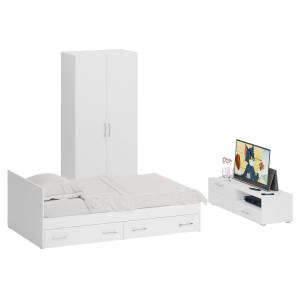 Спальня белая Стандарт № 3 с кроватью 1200 с ящиками цвет белый/фасады ТВ тумбы МДФ белый глянец