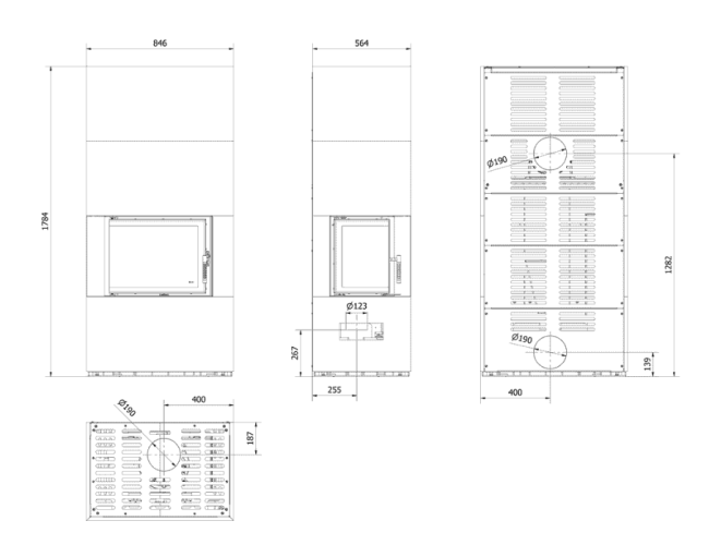 Каминокомплект Kratki PRO FLOKI CEMENTO GRIGIO BOCCIARDATA, угловое стекло слева