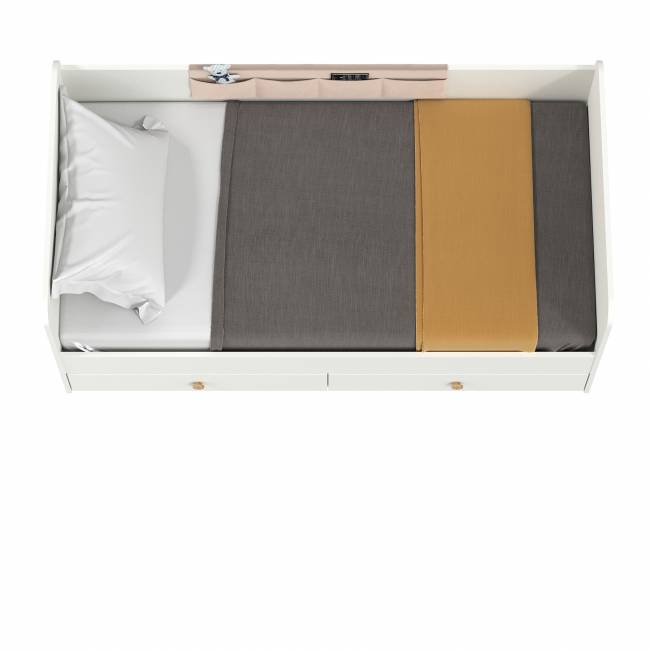 Кровать с ящиками и накладкой-карманом Джастин цвет белый шагрень/ткань серо-бежевая Кровать с ящиками и накладкой-карманом Джастин цвет белый шагрень/ткань серо-бежевая