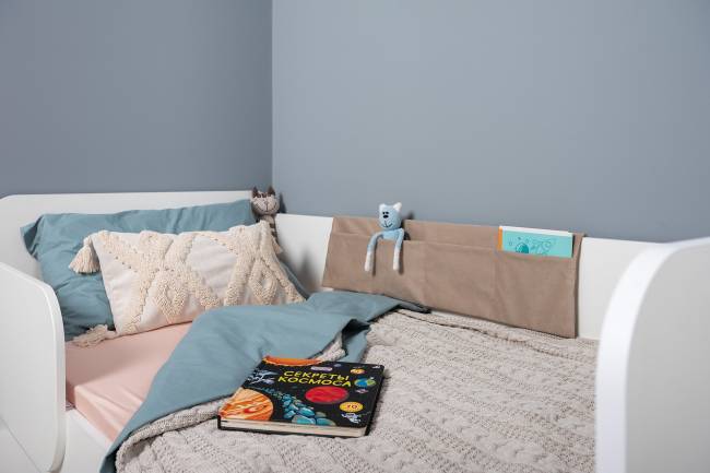 Кровать с ящиками и накладкой-карманом Джастин цвет белый шагрень/ткань серо-бежевая Кровать с ящиками и накладкой-карманом Джастин цвет белый шагрень/ткань серо-бежевая