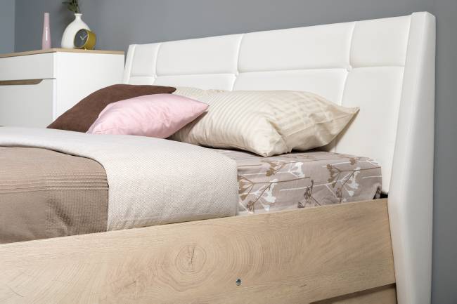 Кровать Муссон с подъёмным основанием и тумбой 16.03 цвет белый/дуб эндгрейн элегантный/кожзам белый Кровать Муссон с подъёмным основанием и тумбой 16.03 цвет белый/дуб эндгрейн элегантный/кожзам белый