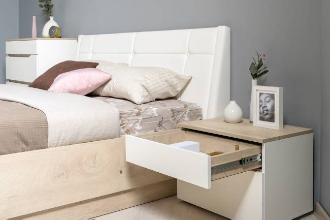 Кровать Муссон с подъёмным основанием и тумбой 16.03 цвет белый/дуб эндгрейн элегантный/кожзам белый Кровать Муссон с подъёмным основанием и тумбой 16.03 цвет белый/дуб эндгрейн элегантный/кожзам белый