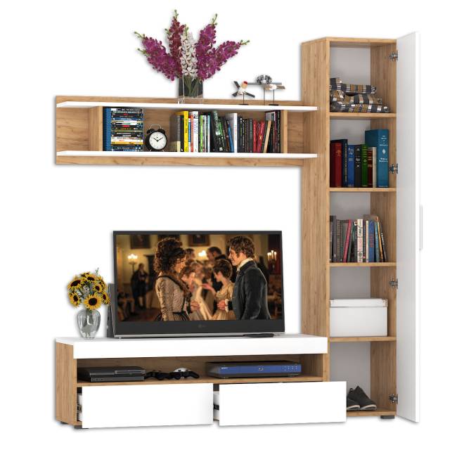 Стенка в гостиную Альба № 3 цвет дуб крафт золотой/белый премиум Стенка в гостиную Альба № 3 цвет дуб крафт золотой/белый премиум