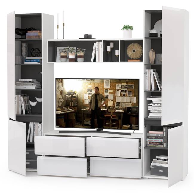 Стенка для гостиной Сидней № 6 цвет белый/чёрный/фасады МДФ белый глянец