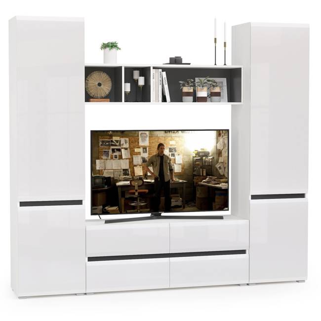 Стенка для гостиной Сидней № 6 цвет белый/чёрный/фасады МДФ белый глянец