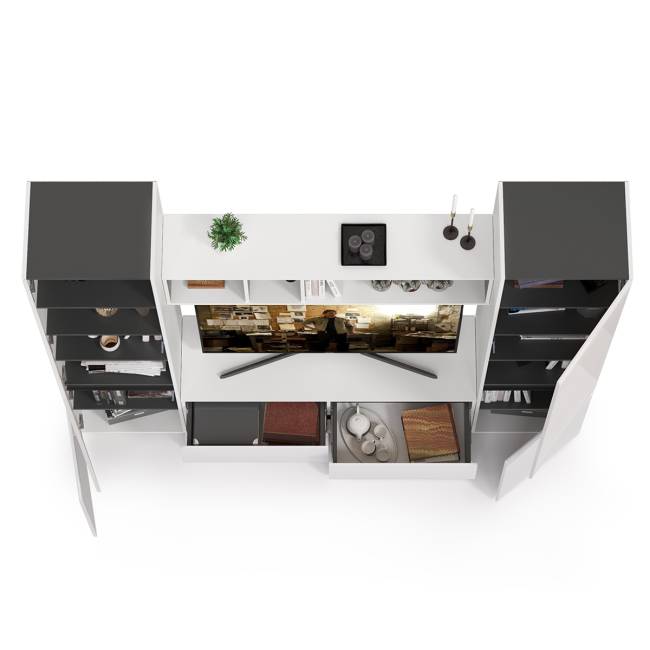 Стенка для гостиной Сидней № 6 цвет белый/чёрный/фасады МДФ белый глянец