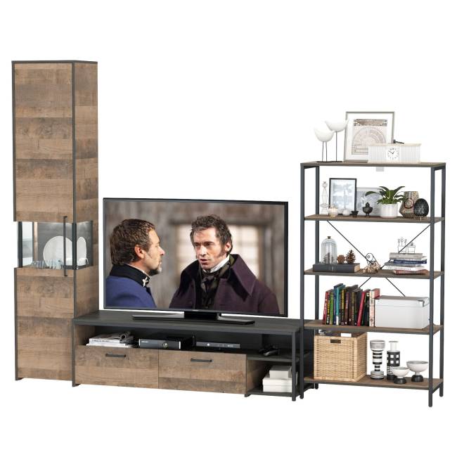 Стенка для гостиной Трувор № 14 с пеналом-витриной с подсветкой цвет дуб гранж песочный/интра